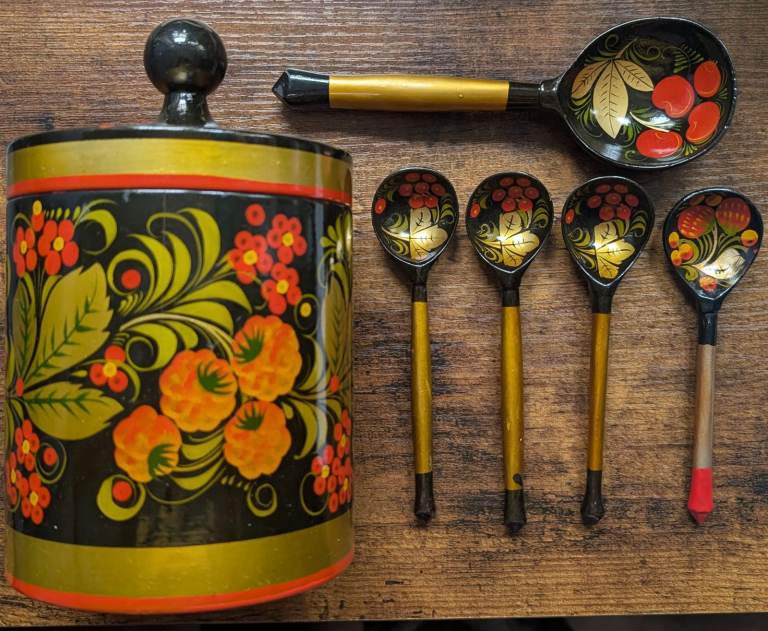 Vintage Painted Russian Wooden Items Canister + 5 Spoons - Decorated Folk Art  