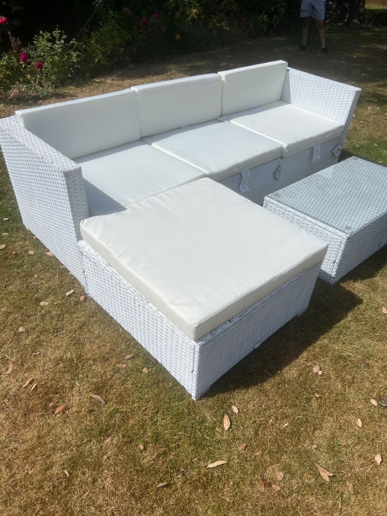 White Rattan Corner Sofa Set with Cushions and Coffee Table