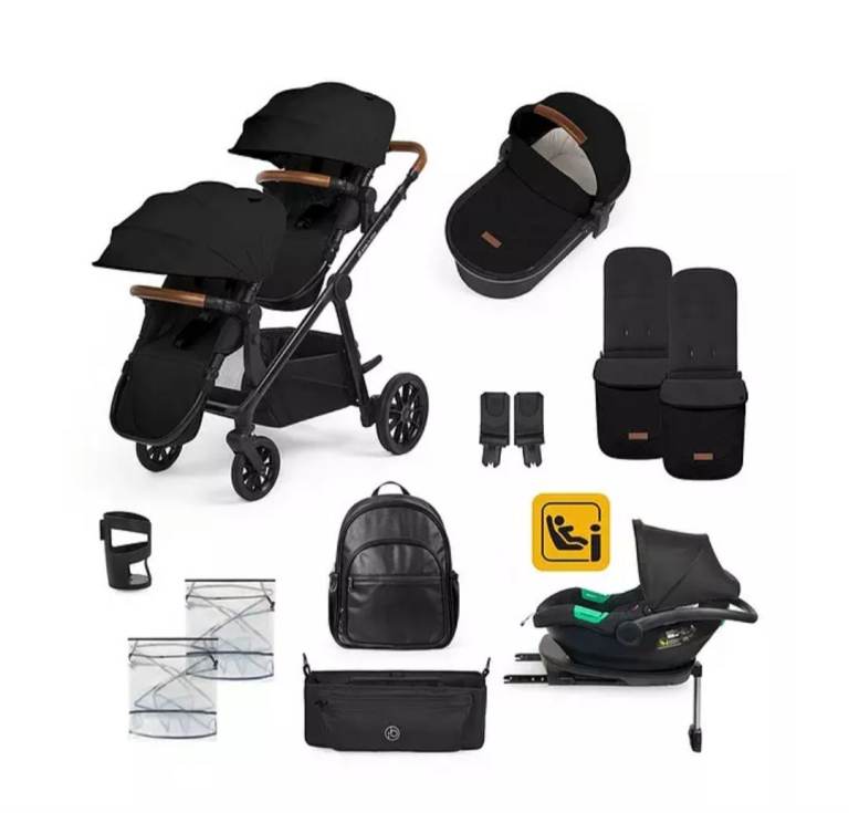 Ickle Bubba Double Stroller & Car Seat - Black / Black / Tan