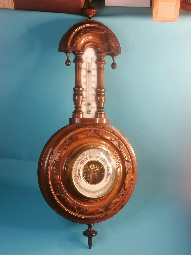 7,5inch Large Antique Edwardian Quality Carved Walnut Banjo Barometer