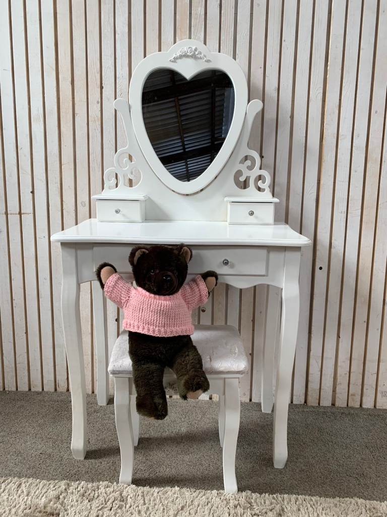 White Dressing Table with Heart Mirror and Stool .