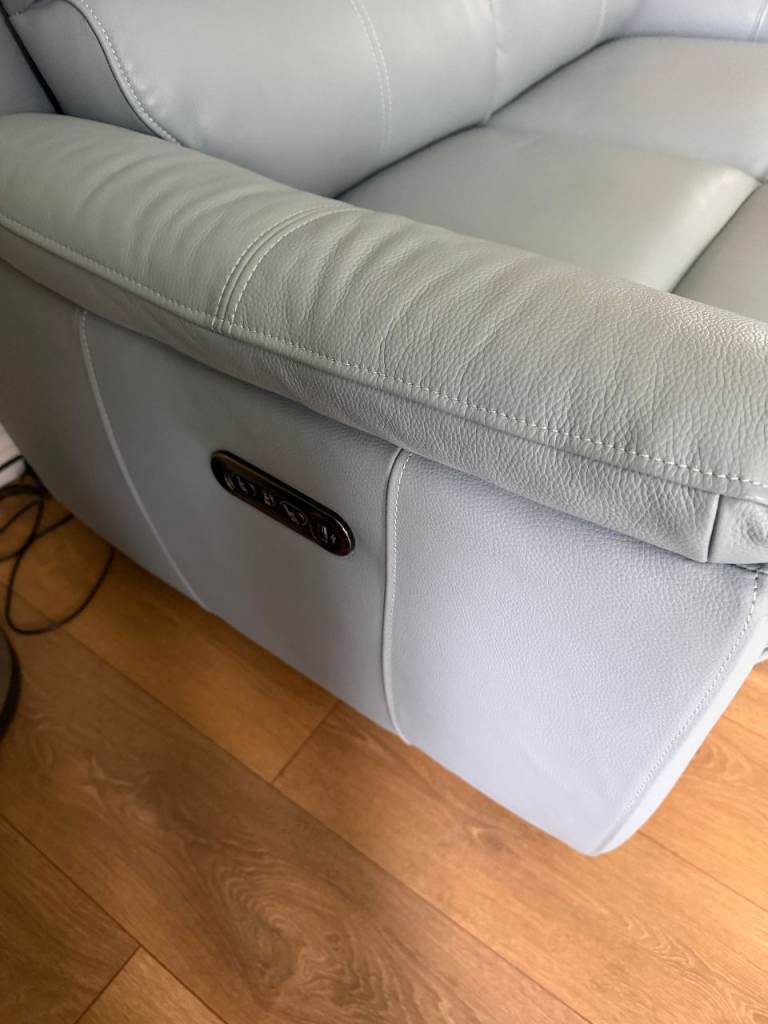 Baby Blue Leather Recliner Sofas bought from Sofology