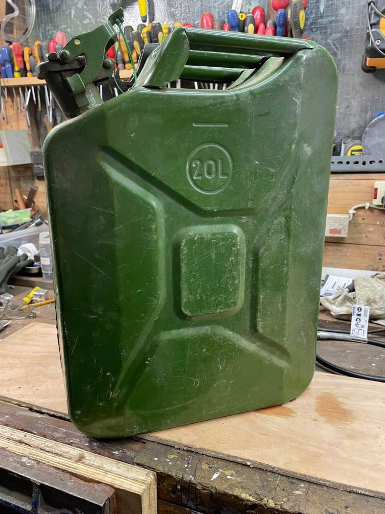 Metal Military Type 20 Litre Jerry Can. Green. Good condition. (2 available)