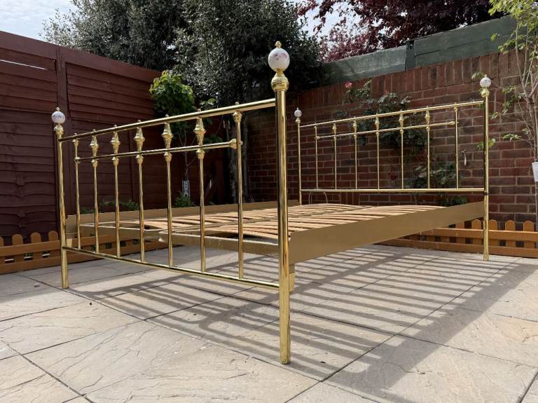 Beautiful French Vintage 60s Brass Metal & Porcelain King Bed Frame by Resistub George Raimbaud