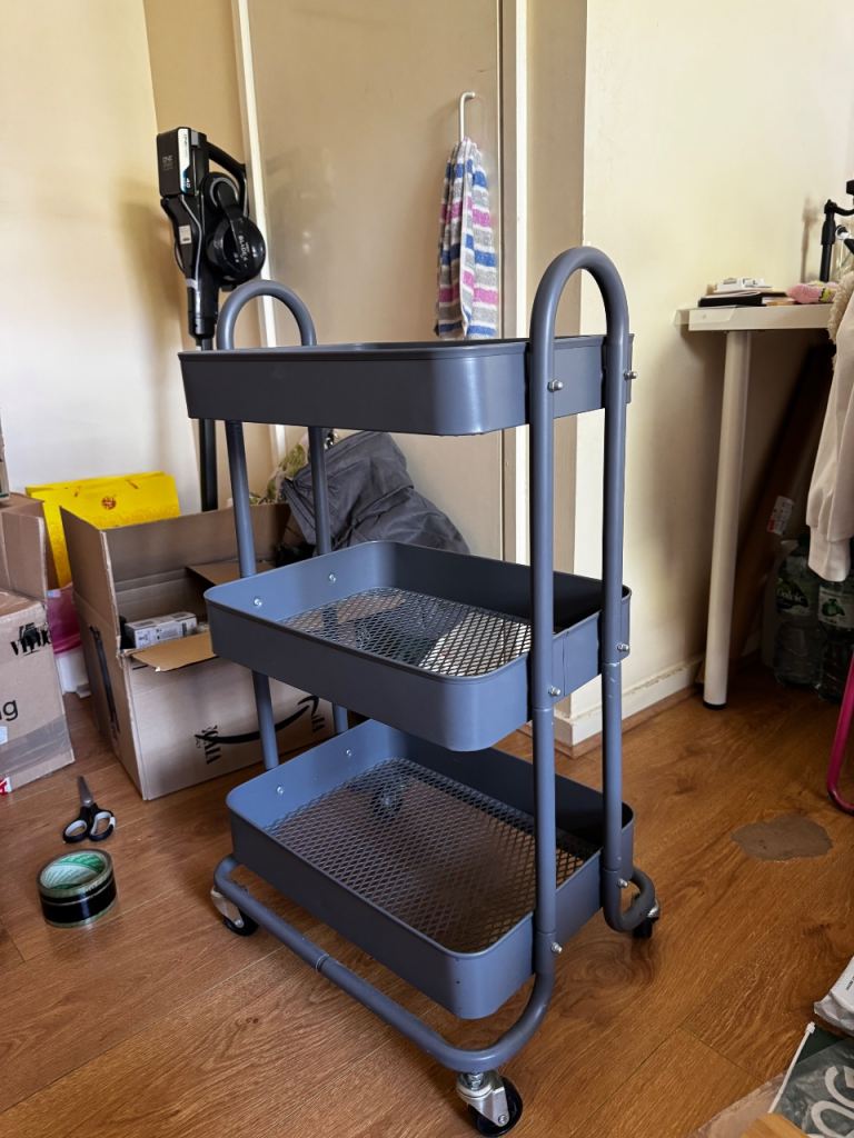 Grey 3-Tier Metal Storage Trolley on Wheels