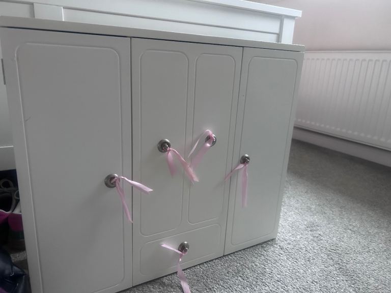 White Wooden Doll Wardrobe with Mirror and Hangers