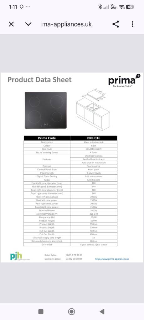 Brand New Prima PRIH016 60cm Induction Hob – Boxed