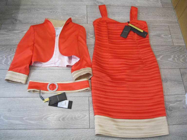 Luis Civit Red & Gold Occasion Sleeveless Dress & Bolero Jacket UK10 *BRAND NEW*