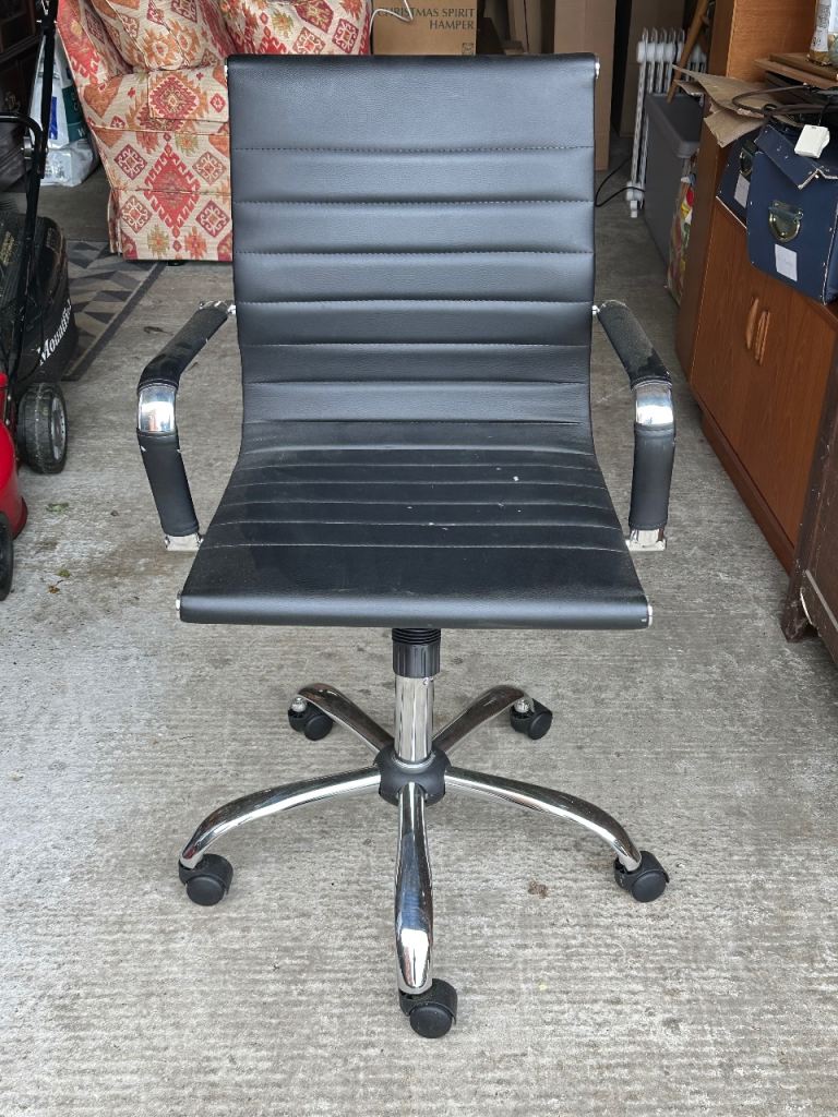 Black Faux Leather Office Chair with Chrome Base and Arms