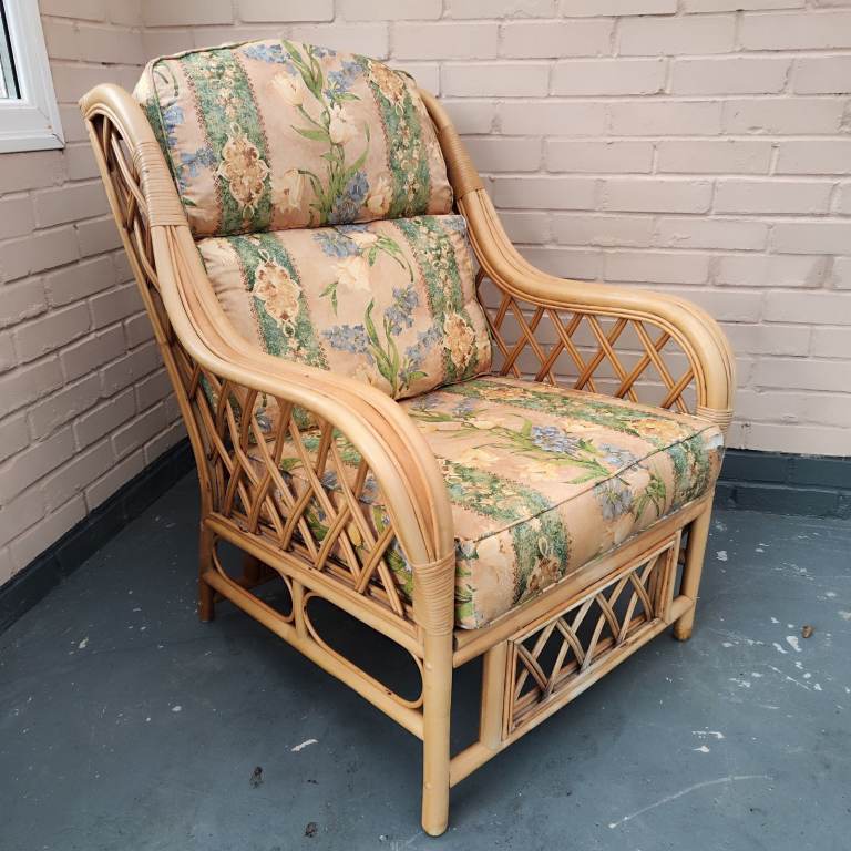 image for 🌿 Vintage Cane Conservatory Chair — Floral Cushions 🌿