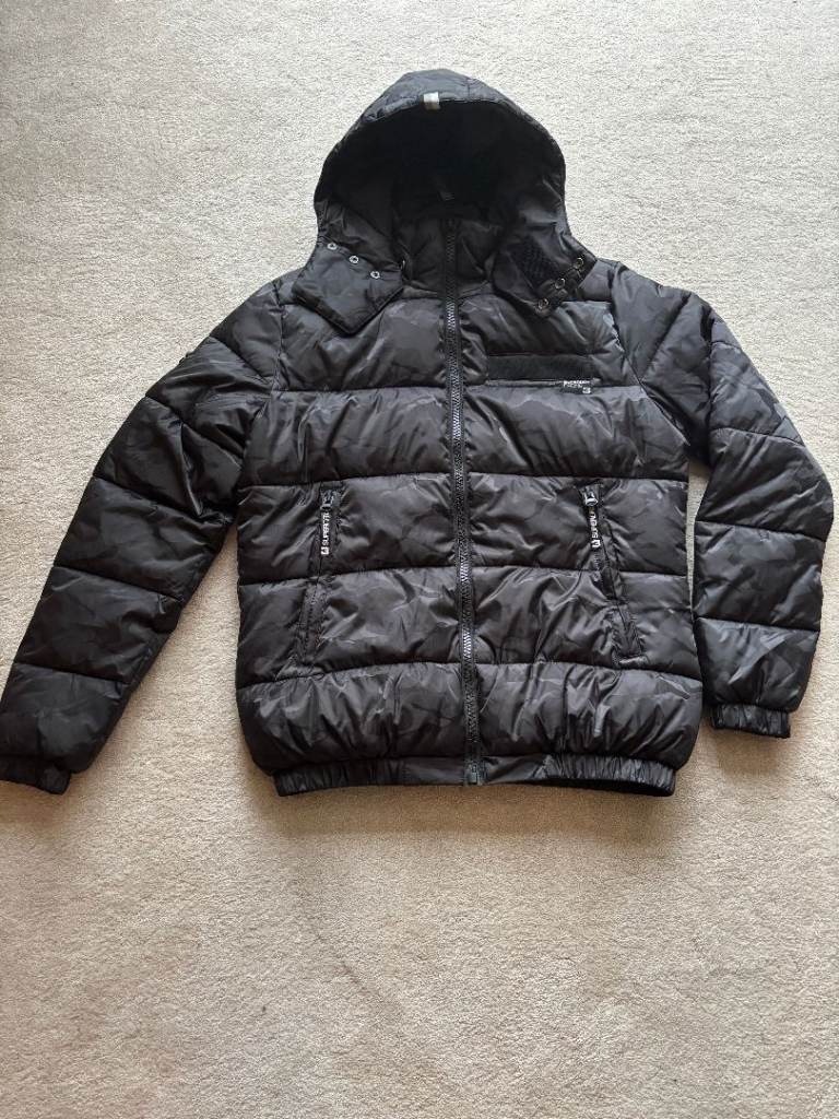 SUPERDRY Winter Tri Sport Racing Camo Puffer Jacket Hoodie Black M50006LNF1, New