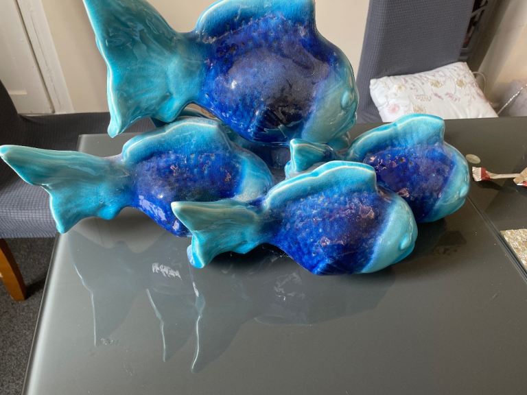 Set of 4 Blue Ceramic Fish Decorative Figurines