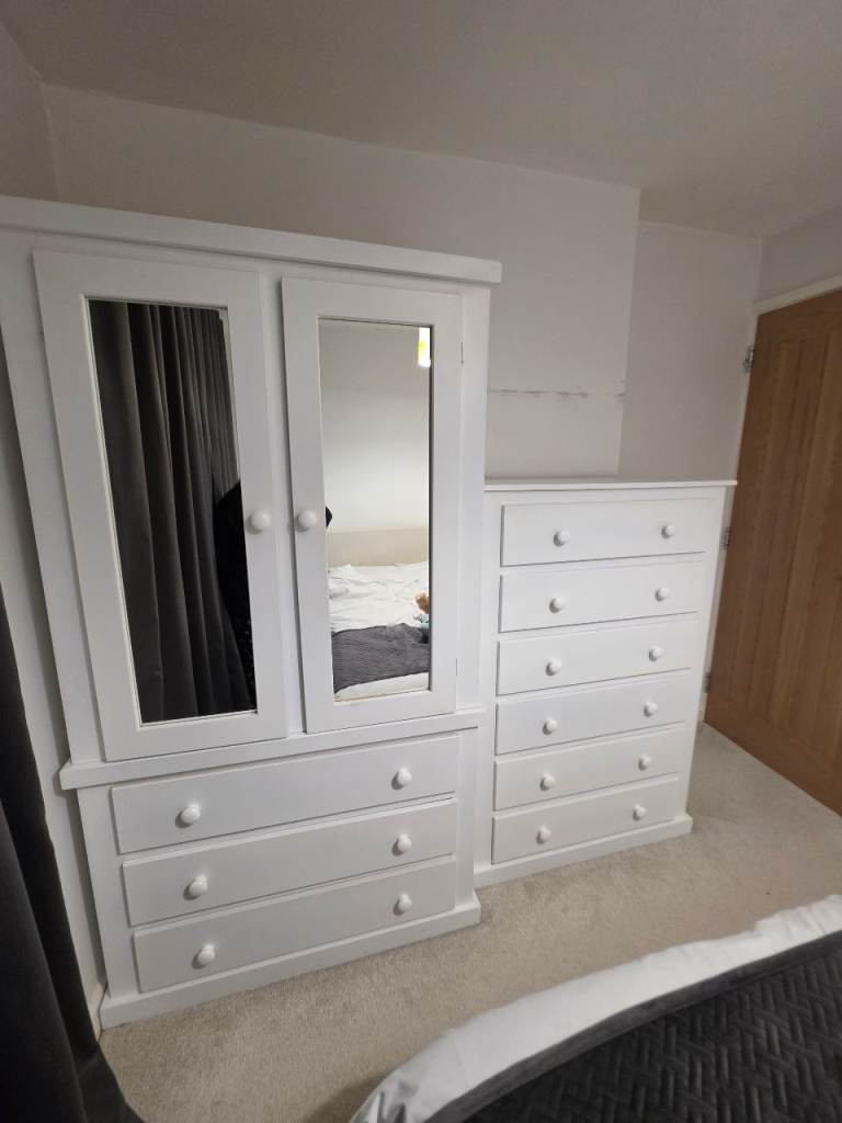 Real wood White Wardrobe with Mirror and drawers plus tallboy Chest of Drawers Set – Good Condition
