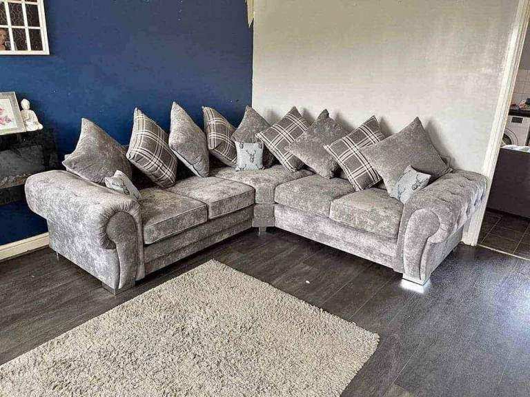 Brand New Grey Velvet Corner Sofa with Matching Cushions