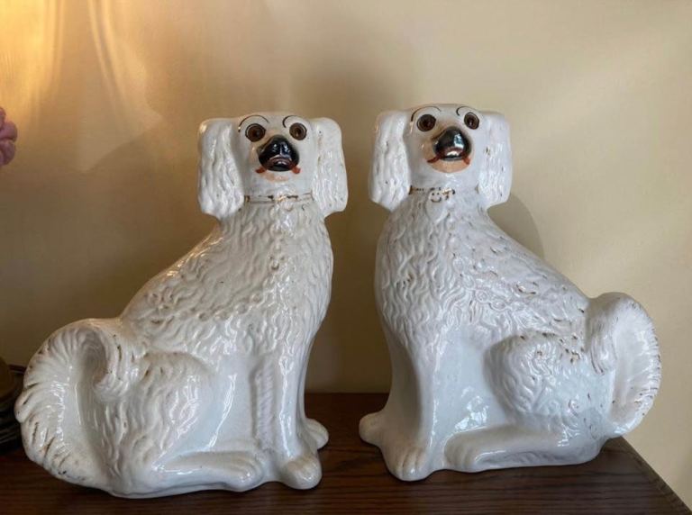 Large Pair of Victorian antique seated Staffordshire China Mantle Dogs