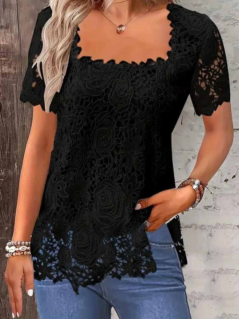 Womens Lace Stretchable Black Top with Square Neck - Size L (12/14) - NEW