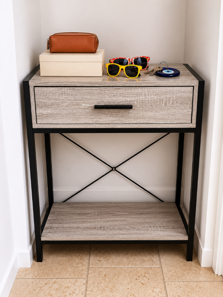 Stylish Grey Wood and Metal Console Table with Drawer