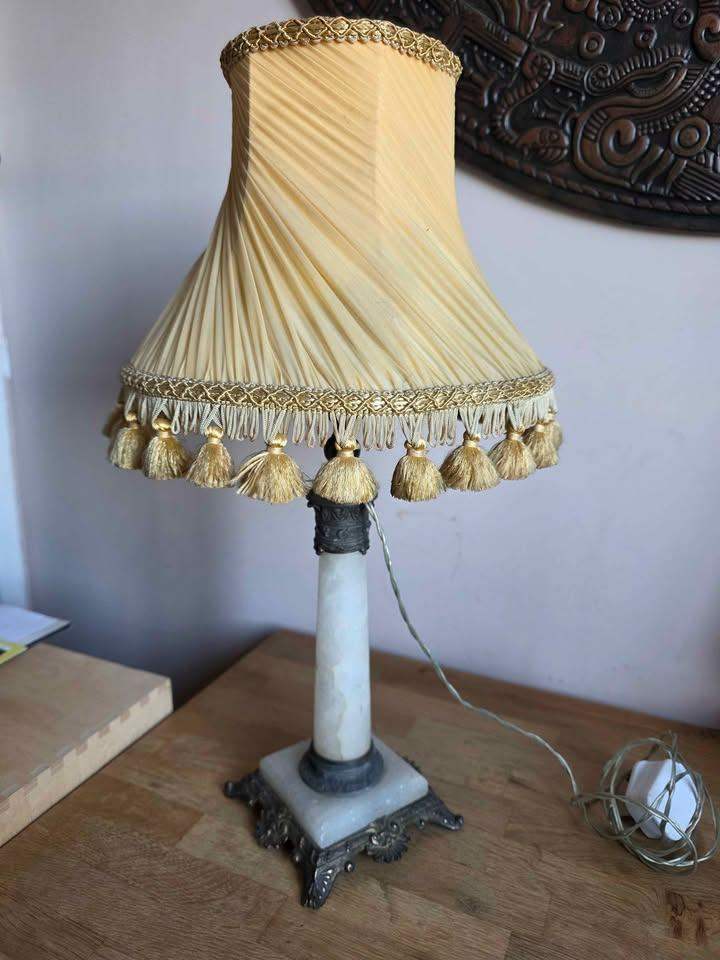 Antique Art Deco Spanish Brass And White Marble Table Lamp
