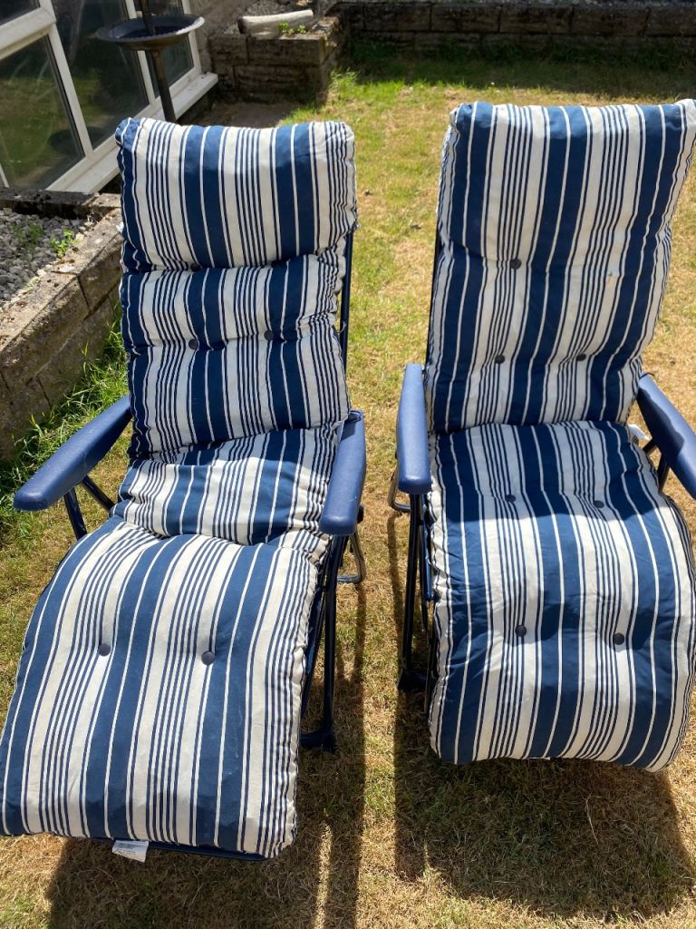 Pair of Reclining Garden Chairs with Blue & White Striped Cushions