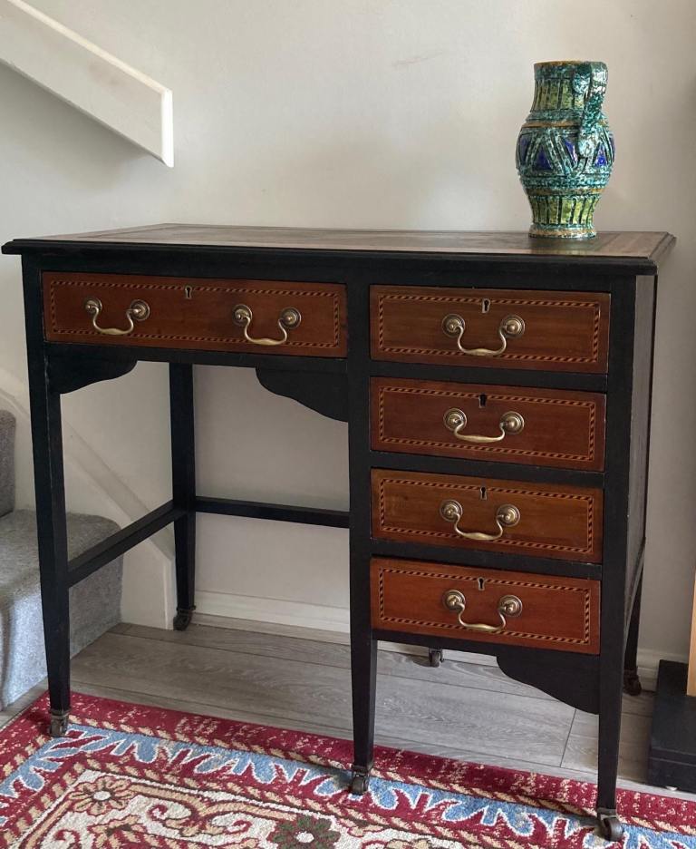 Vintage Style Black Desk with Leather Top and Drawers