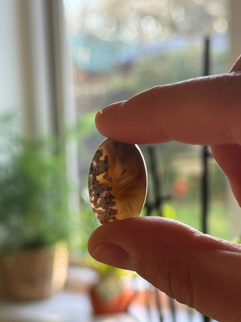 Oval Plume Agate Gemstone — Hand-Polished Cab with Brown & White Dendrites