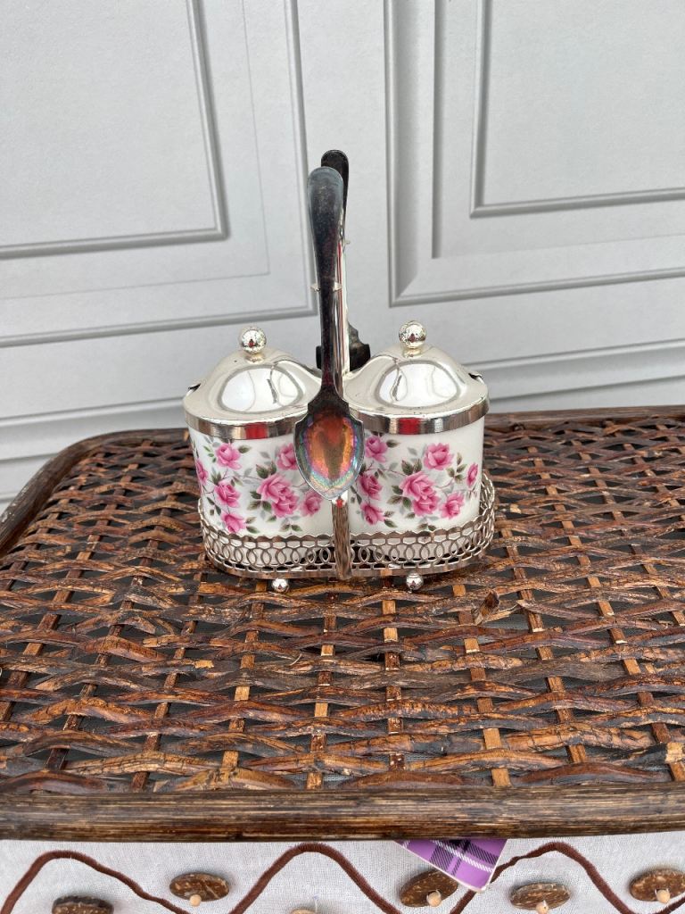 Vintage Enoch Wedgwood Tunstall Jam Condiment Set on Silver Plate Stand