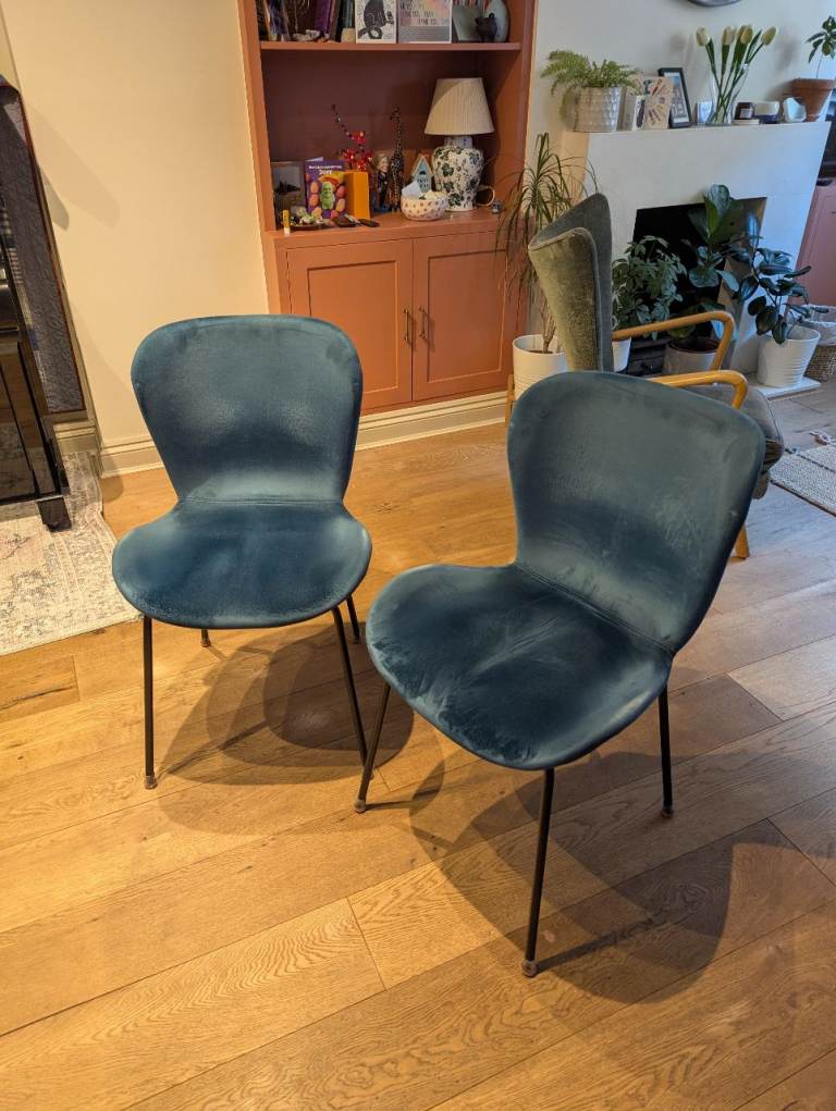 Pair of Velvet Blue Dining Chairs – Good Condition