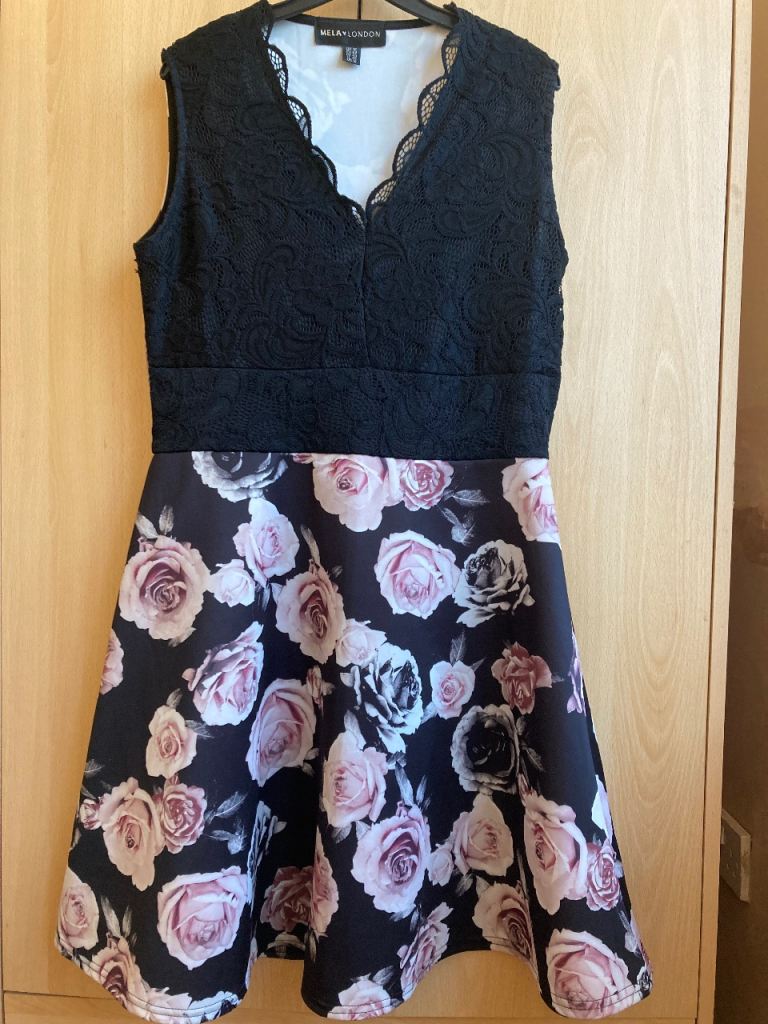 Mela London Black Lace & Floral Dress – Size UK 14