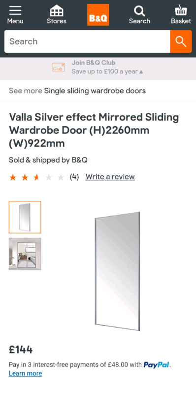 Sliding mirrored wardrobe doors x 3 - 92cm wide by 226cm high 