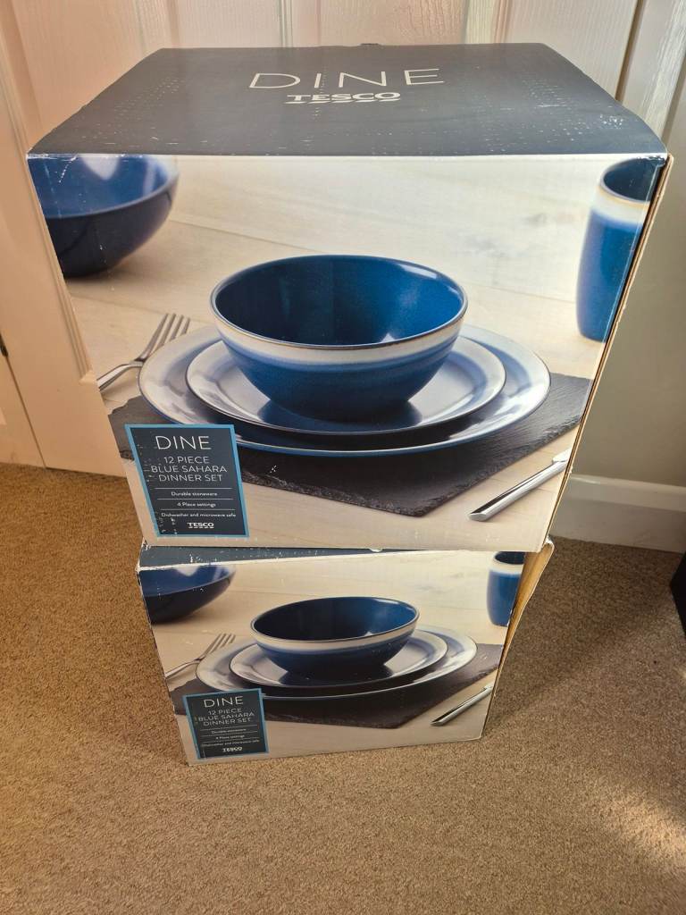 Tesco Blue Sahara Stoneware Dinner Set - 7 plates, 8 mugs, 8 bowls