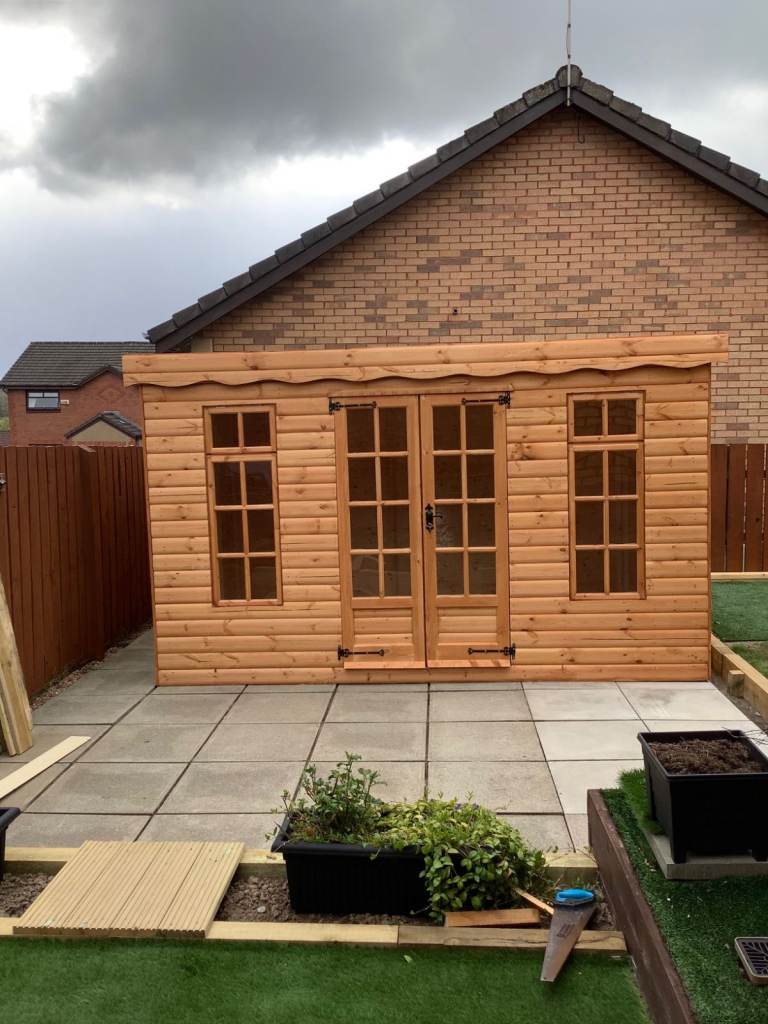 12X8 Pent Summerhouse 20mm Log effect SUPPLIED & FITTED FOR YOU 