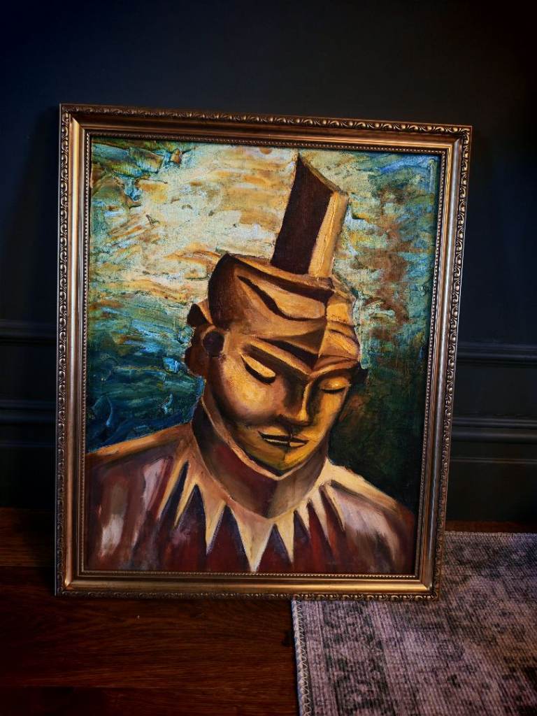 Original Mid Century Modernist Oil Portrait Painting Cubist Expressionist in Decorative Gold Frame
