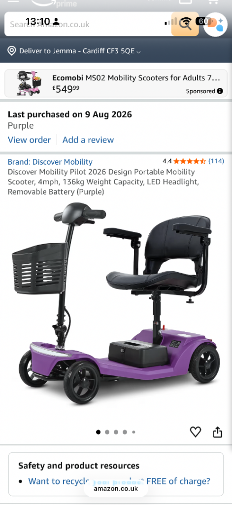 Discover Mobility Pilot 2026 Portable Mobility Scooter – Purple, New