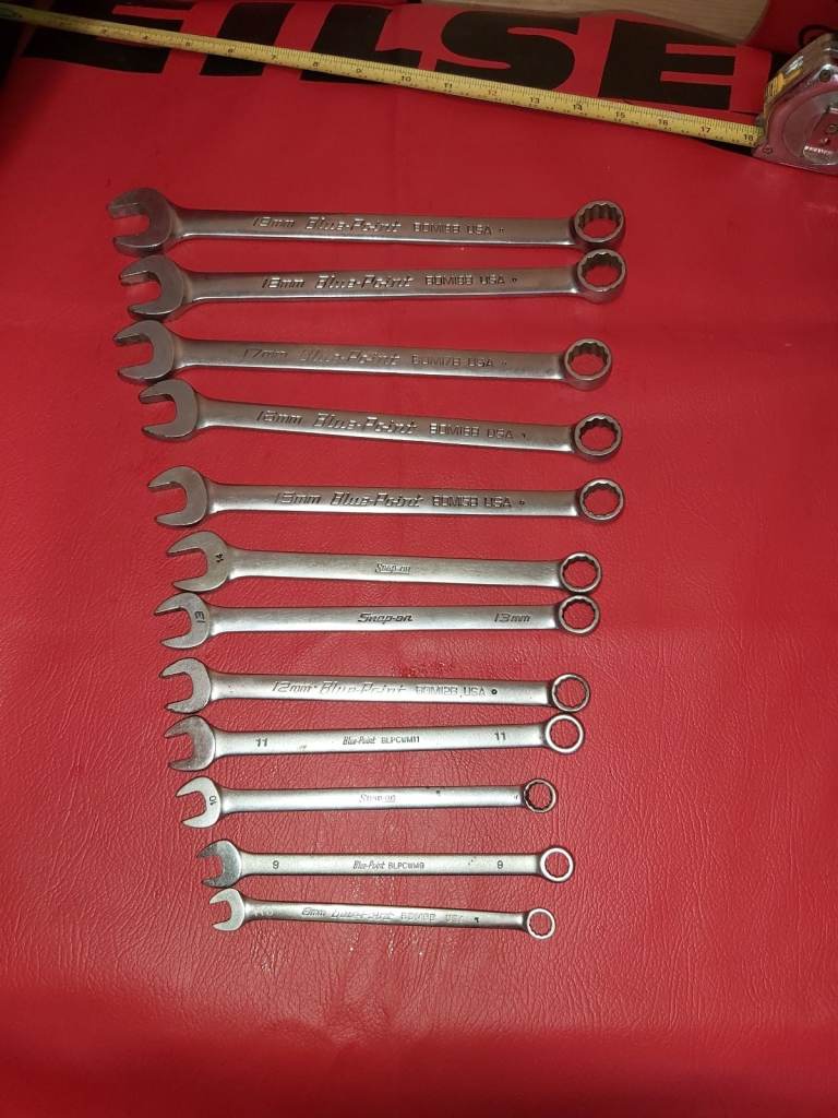 SNAP ON TOOLS and BLUE POINT COMBINATION SPANNER METRIC SET  7-19mm 12 SPANNERS