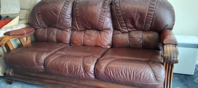 Three-Seater Burgandy Leather Sofa with Wooden Frame – Fair Condition