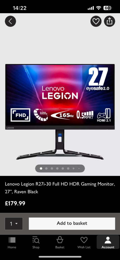 image for Lenovo Legion R27i-30 Full HD HDR Gaming Monitor, 27", Raven Black