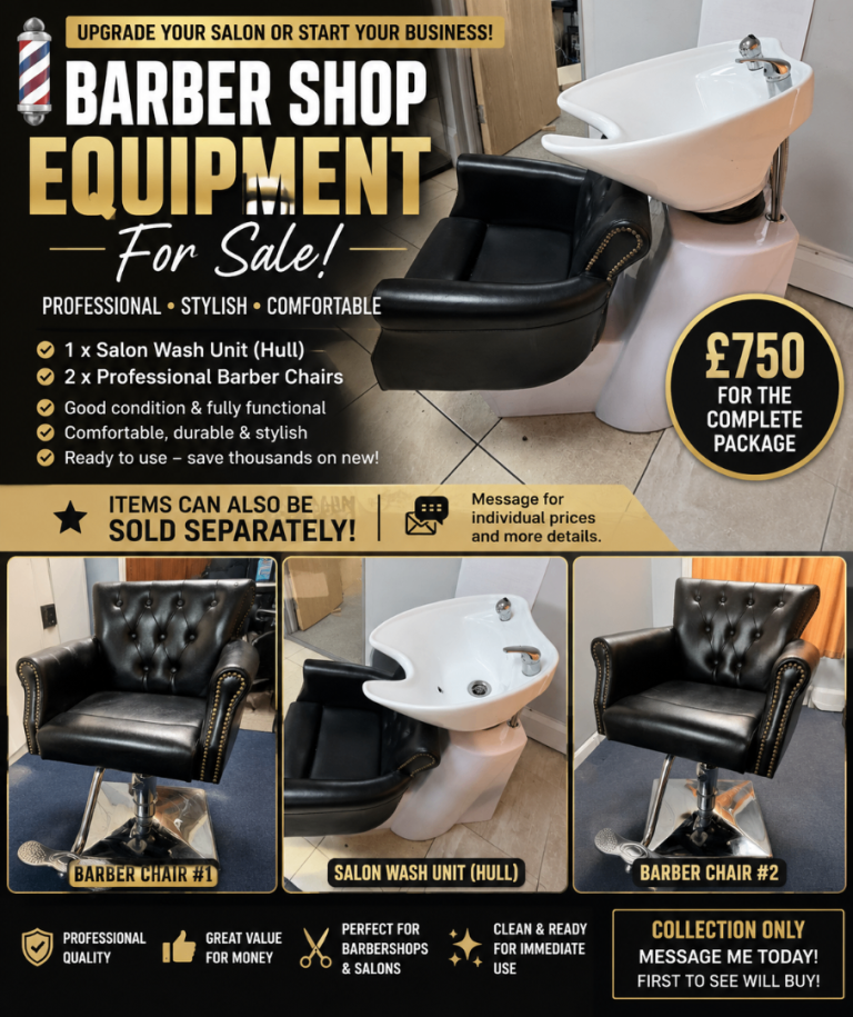 Barber Shop Equipment Set: 2 Chairs & Wash Unit - complete package or sell items separately