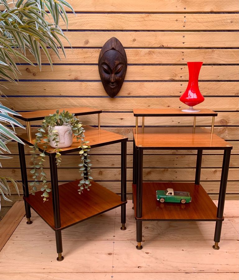 Pair of Vintage Mid Century Modern Teak & Ebonized Shelf Bedside Table Units 1950s