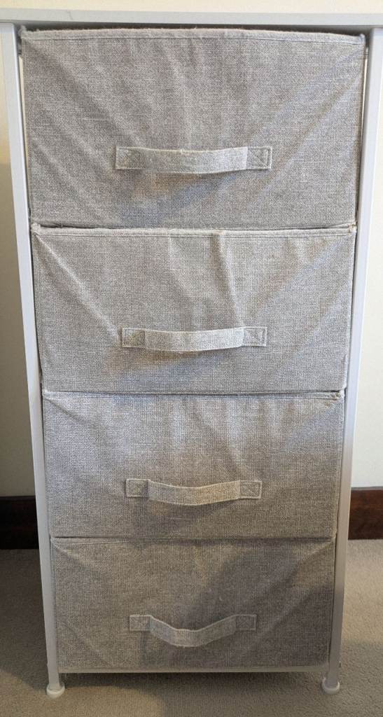 Slim Storage Tower with 4 Fabric Drawers – White/Grey