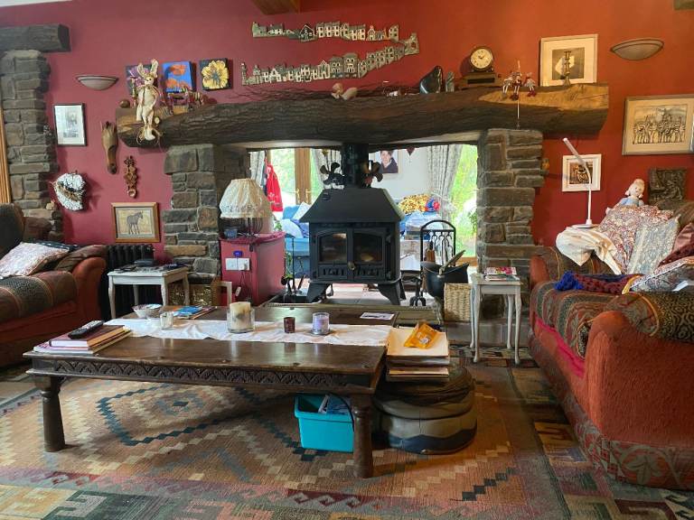 Large, sheet steel, double fronted wood burner