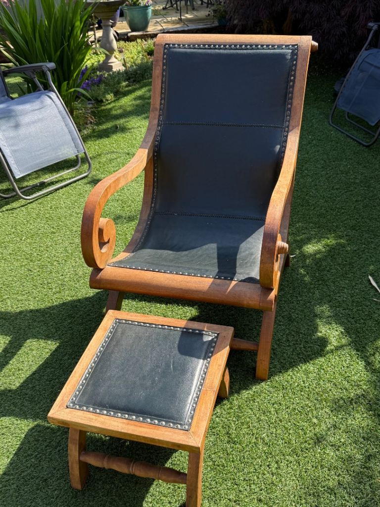 Antique Style Leather Planter’s Verandah Chair with Matching Ottoman
