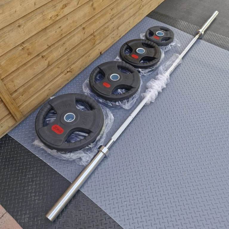 Tri-Grip Olympic Weight Set with 7ft Barbell – 5kg, 10kg, 15kg, 20kg Plates | Sealed Box Pack