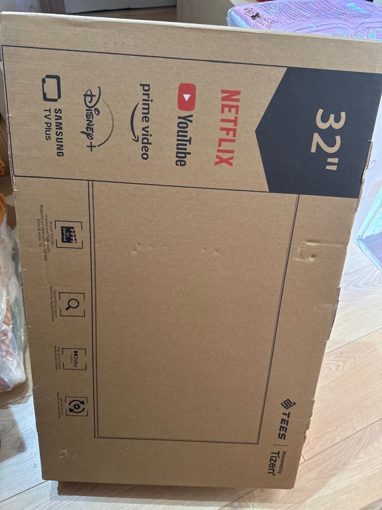TEES 32-inch Smart TV running Tizen OS, preloaded with Netflix, Disney+ and YouTube.