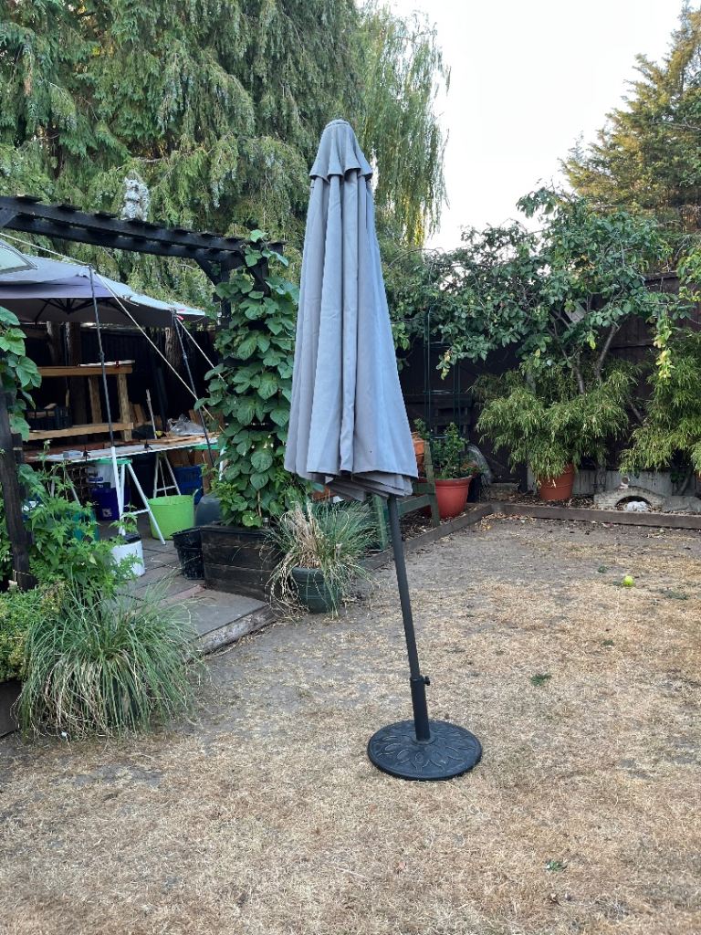 Garden Patio Umbrella with free Base – Grey, Fair Condition