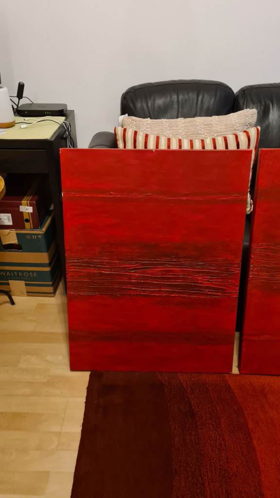 Set of 3 beautiful hand painted deep red burgundy art canvases  60 x 80cm