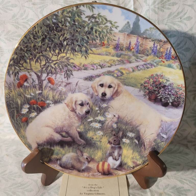 The Hamilton Collection Hop It Golden Retriever Puppy Plate And Certificate d1