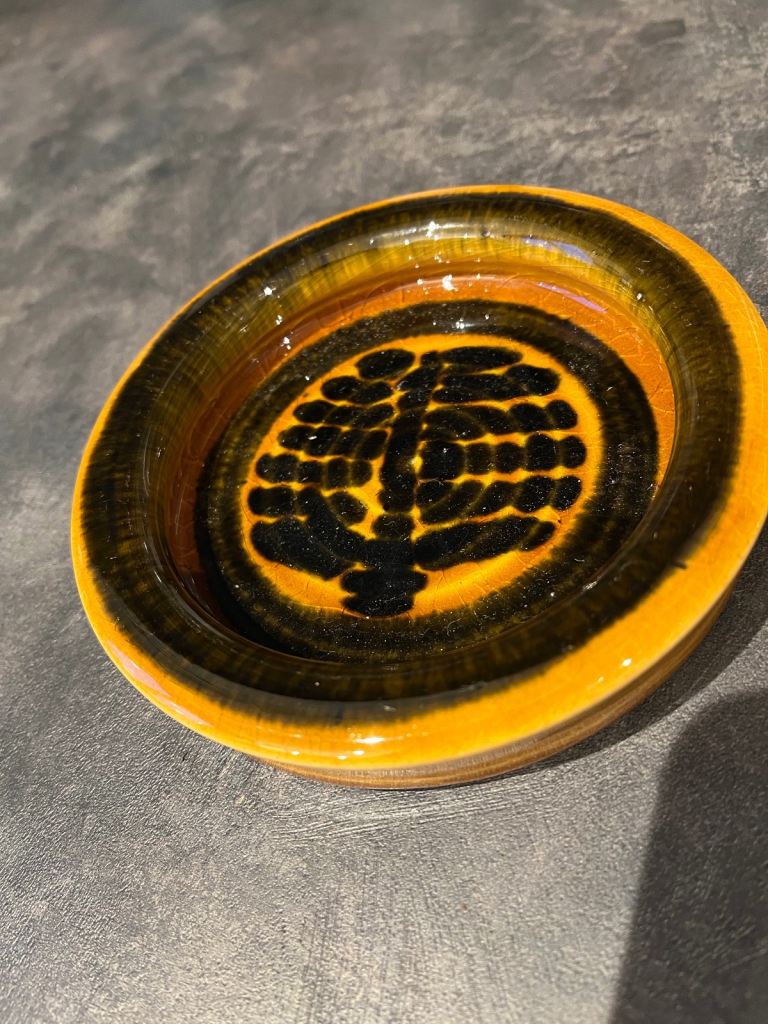 Bob Culloden vintage trinket bowl, heavy ceramic, gold with tree design