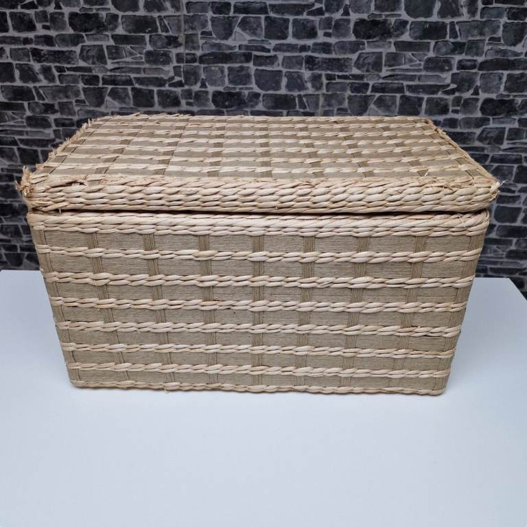 Small Natural Woven Rattan Storage Trunk with Lined Interior, Used Condition