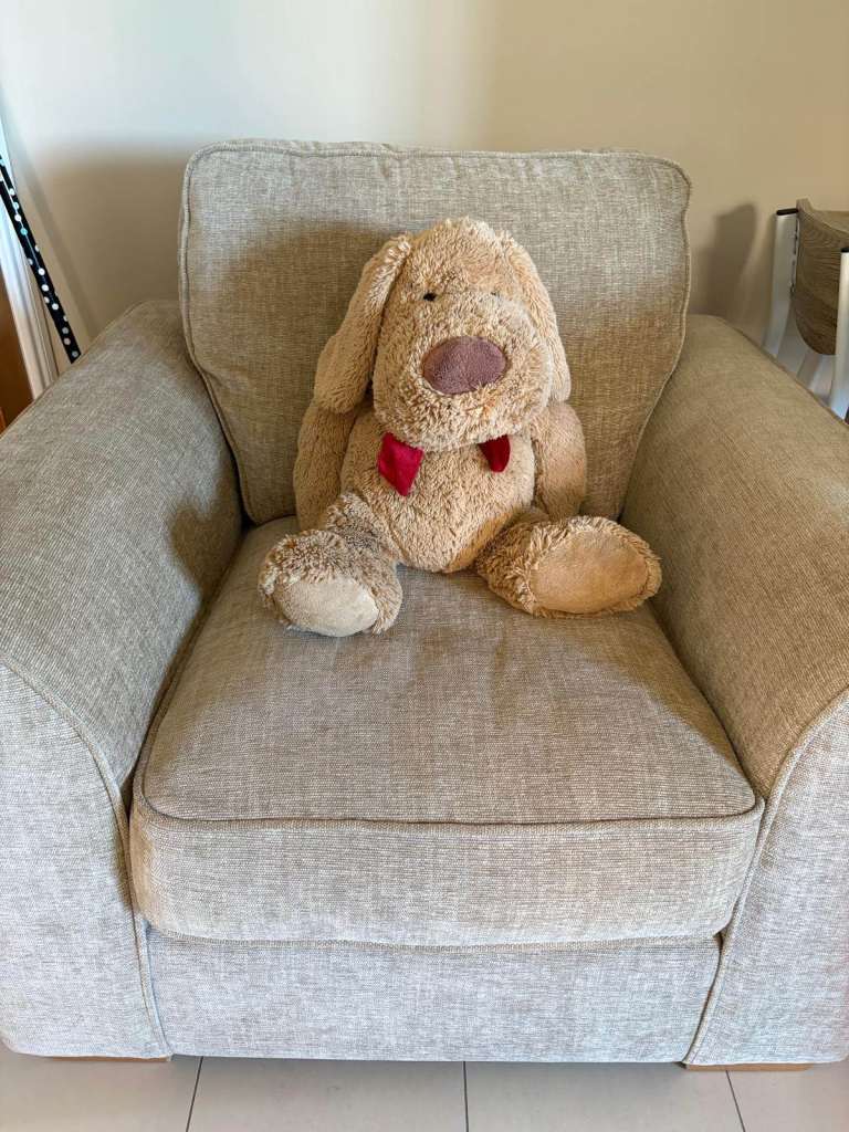 Cream fabric chunky arm chair oak feet. Donaghadee.