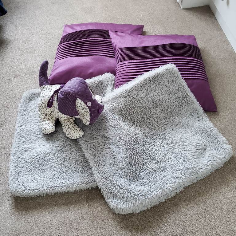 2 cushions, 2 cushion covers and 1 handmade dog